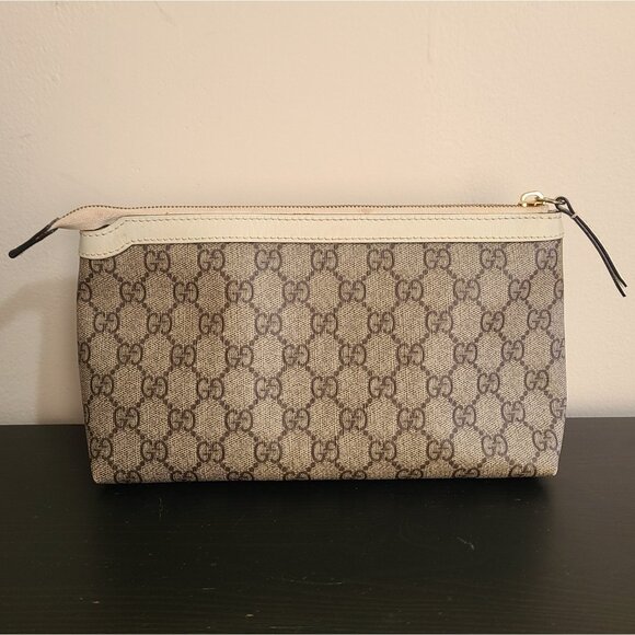 Gucci GG Supreme Web Bag Clutch Canvas Brown Pouch Zip Medium - Picture 1 of 9